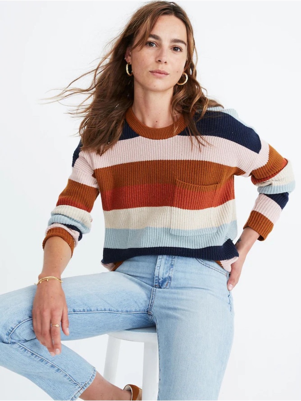 Madewell Thompson Pocket Pullover Sweater stripe size medium